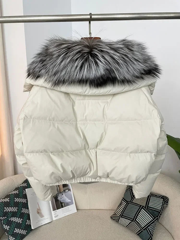 cropped duck down winter coat with real fox fur