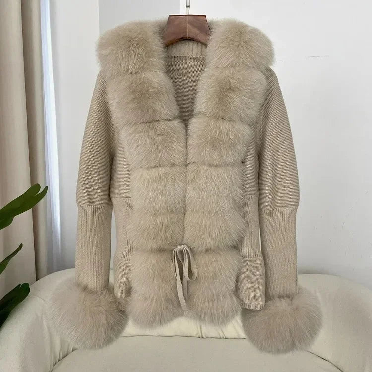 Real fox Fur Cardigan Detachable Collar