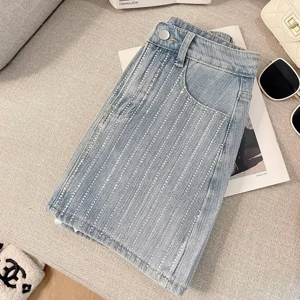 Rhinestone Denim Skirt Female