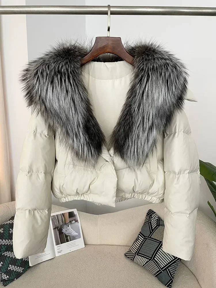 cropped duck down winter coat with real fox fur