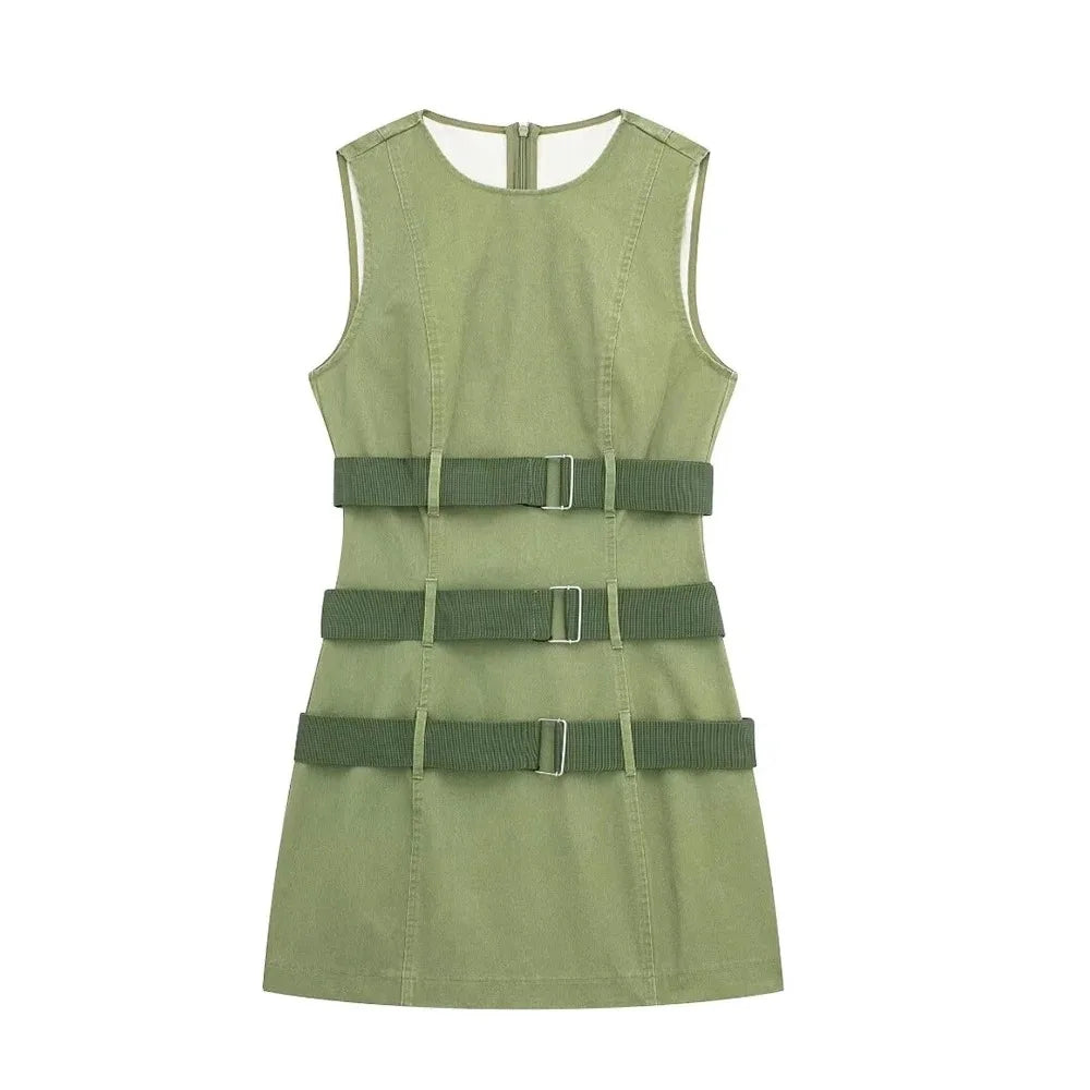 Army Green Vest Wide Belt Dress