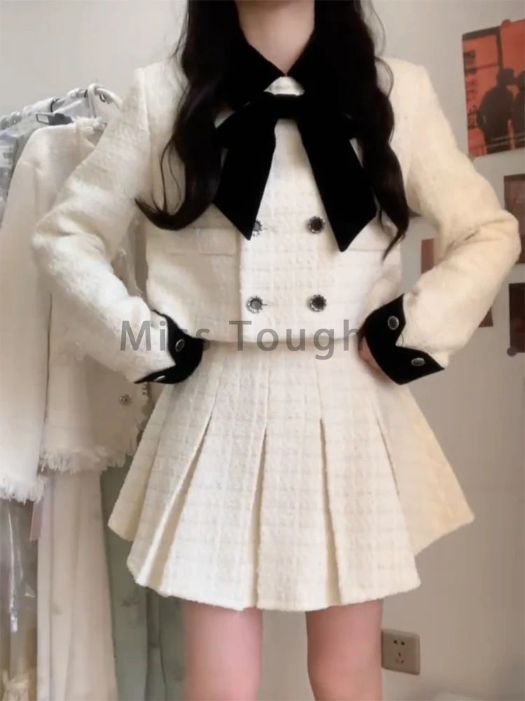 Two Piece Set Women Bow Short Coat + High Waisted Pleated Skirt