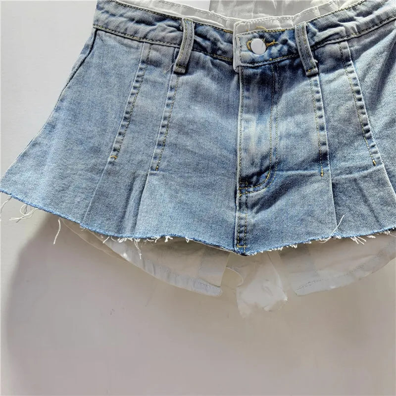 Denim Skirt High Waist Pleated Patchwork Contrast Color