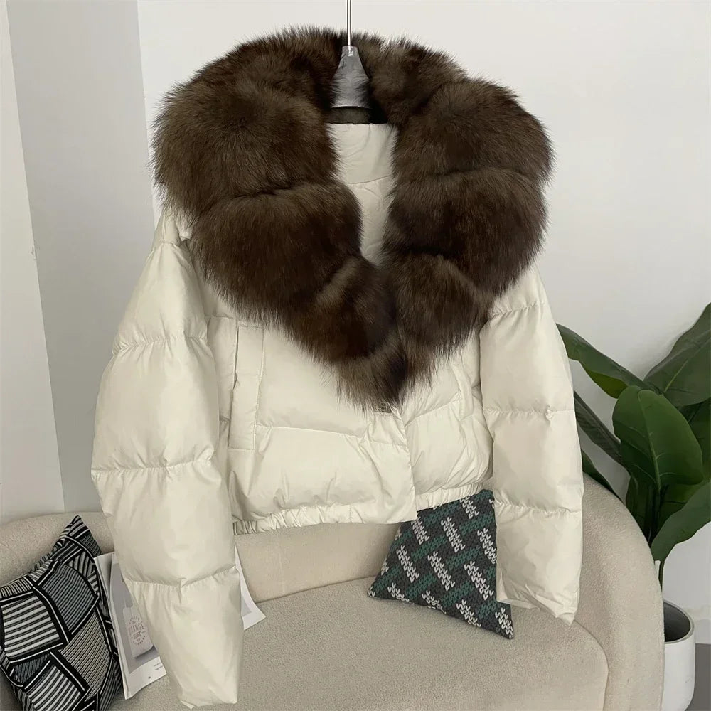 cropped duck down winter coat with real fox fur