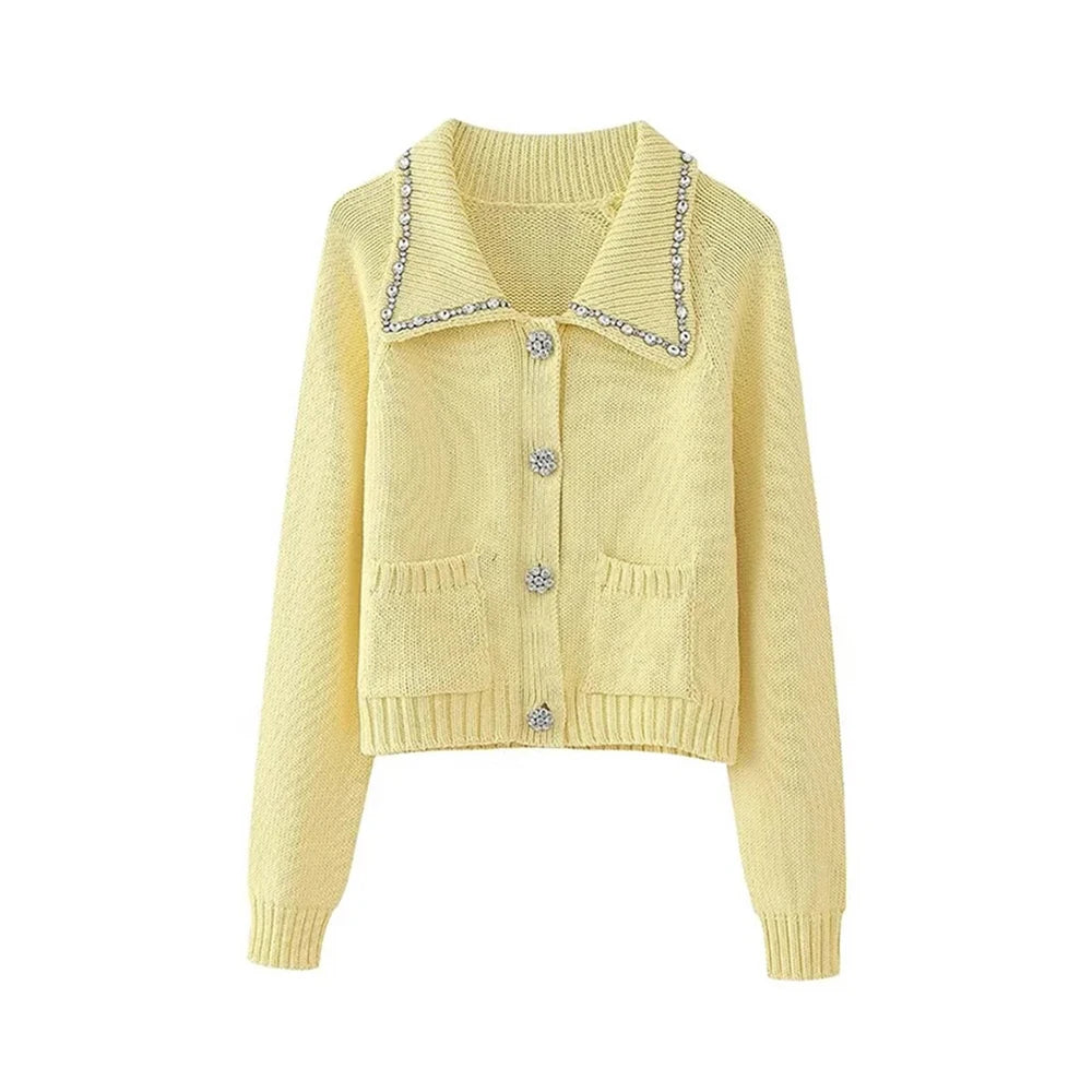 Knitted Cardigans for Women Sweater Yellow Diamonds Long Sleeve