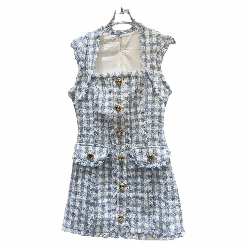 Metal Buttons Blue Plaid Tweed Short Dress