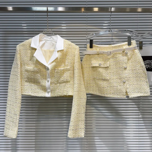 Yellow Tweed Short Jacket Skirt Two Piece Set