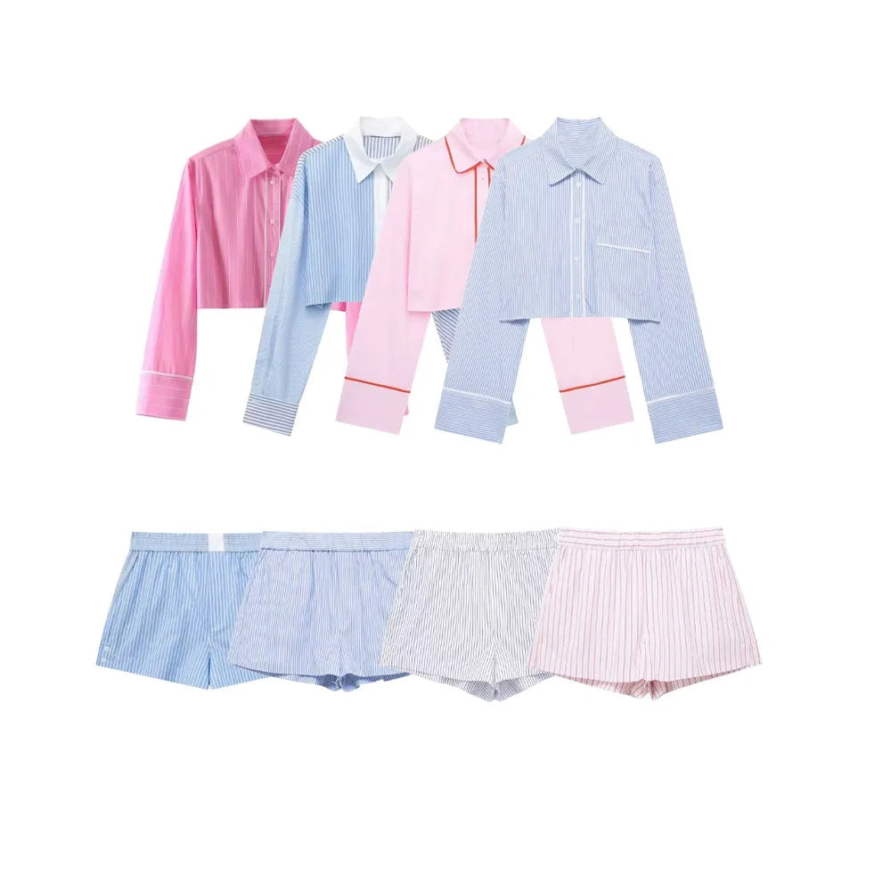 Striped Poplin Short Shirt Striped Poplin Shorts Set