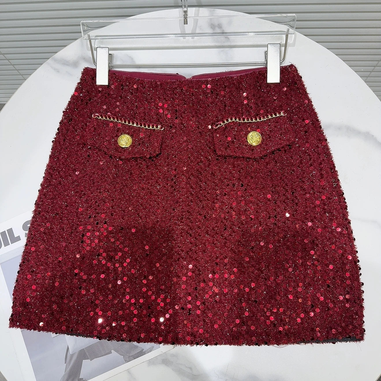 Metal Buttons Pockets Sequins Tweed Skirt