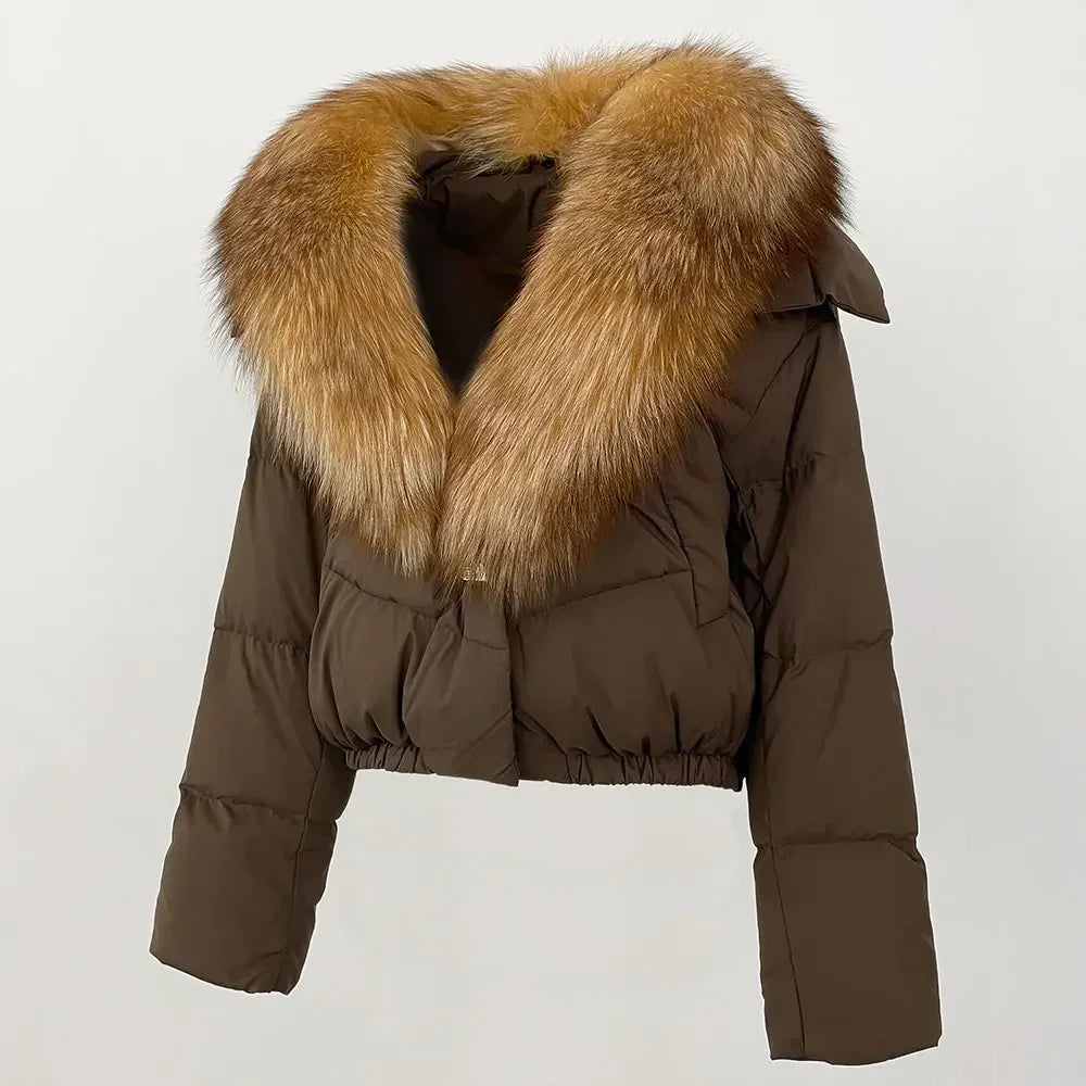 cropped duck down winter coat with real fox fur