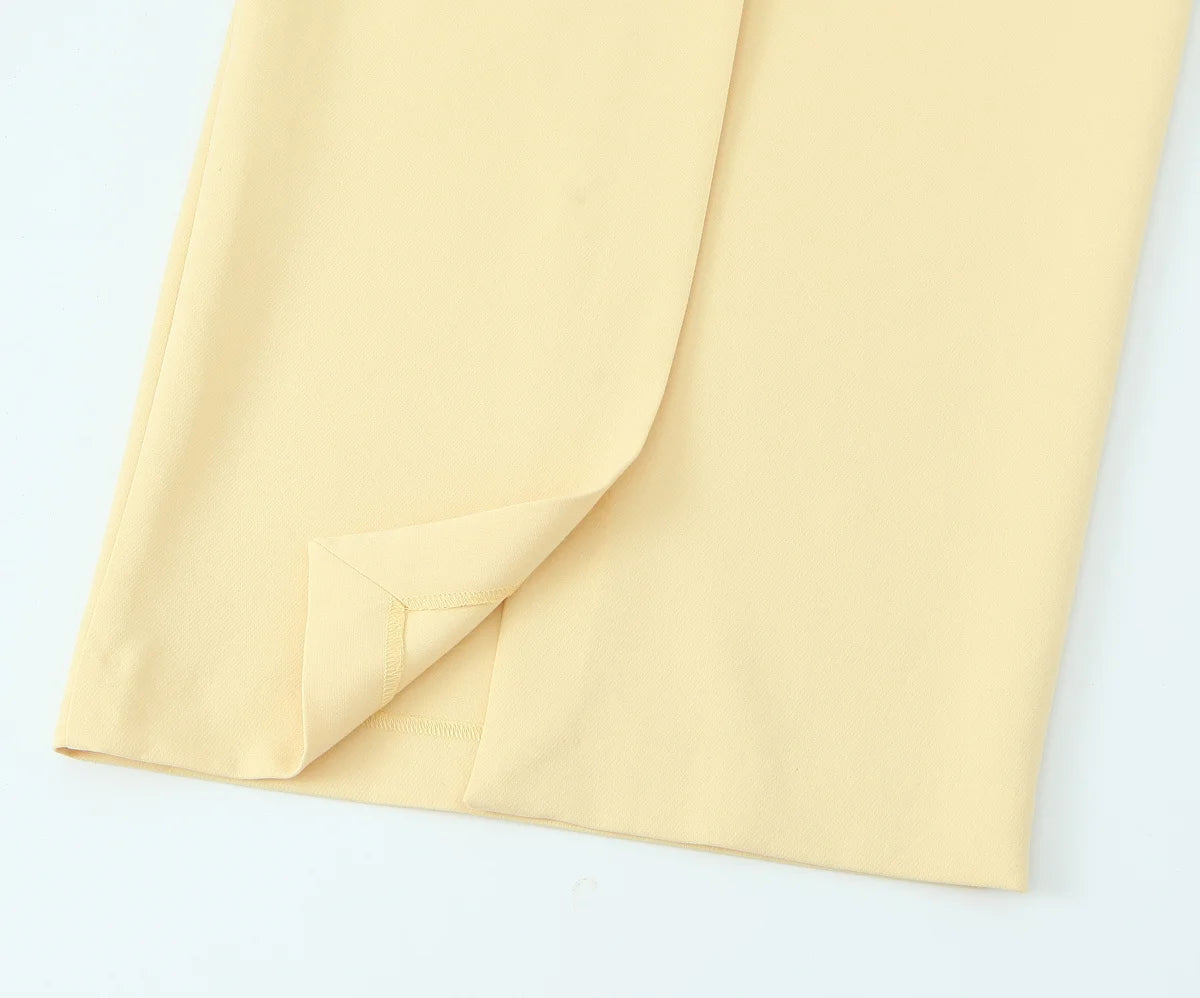 Yellow V-Neck Sleeveless Belt Tops+High Waist Pocket Belt Long Skirts