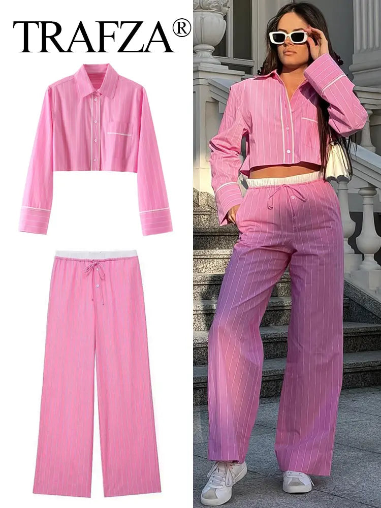 Sweet Pink Stripe Blouse Pant Sets