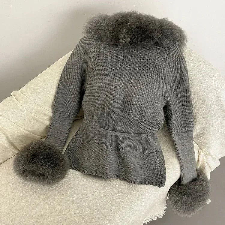 Real fox Fur Cardigan Detachable Collar