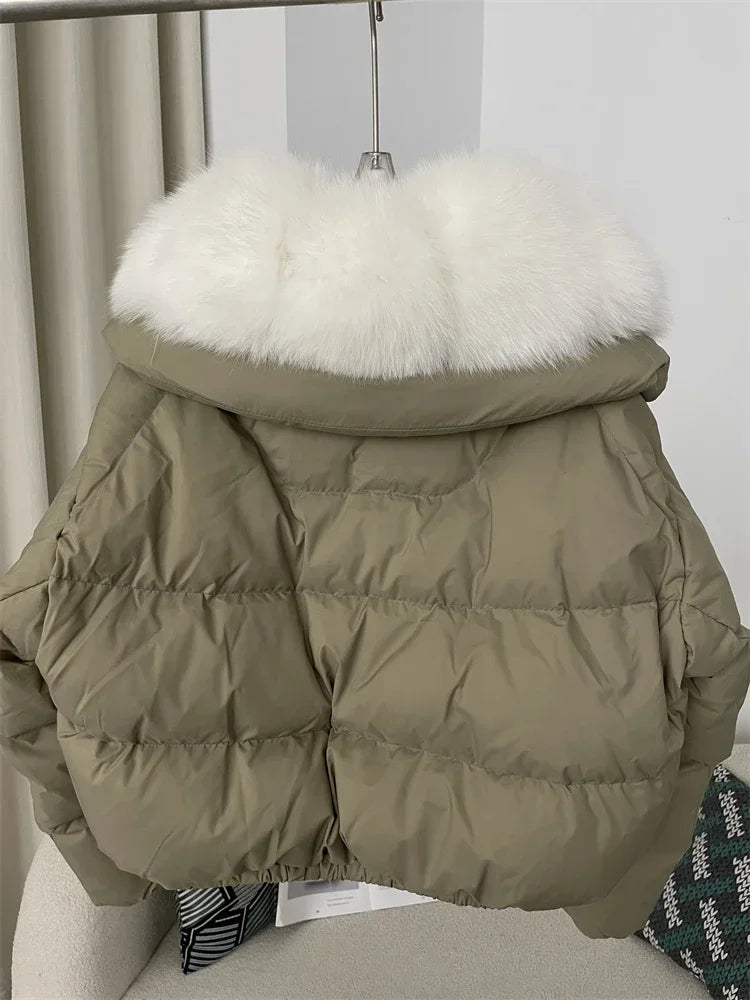 cropped duck down winter coat with real fox fur