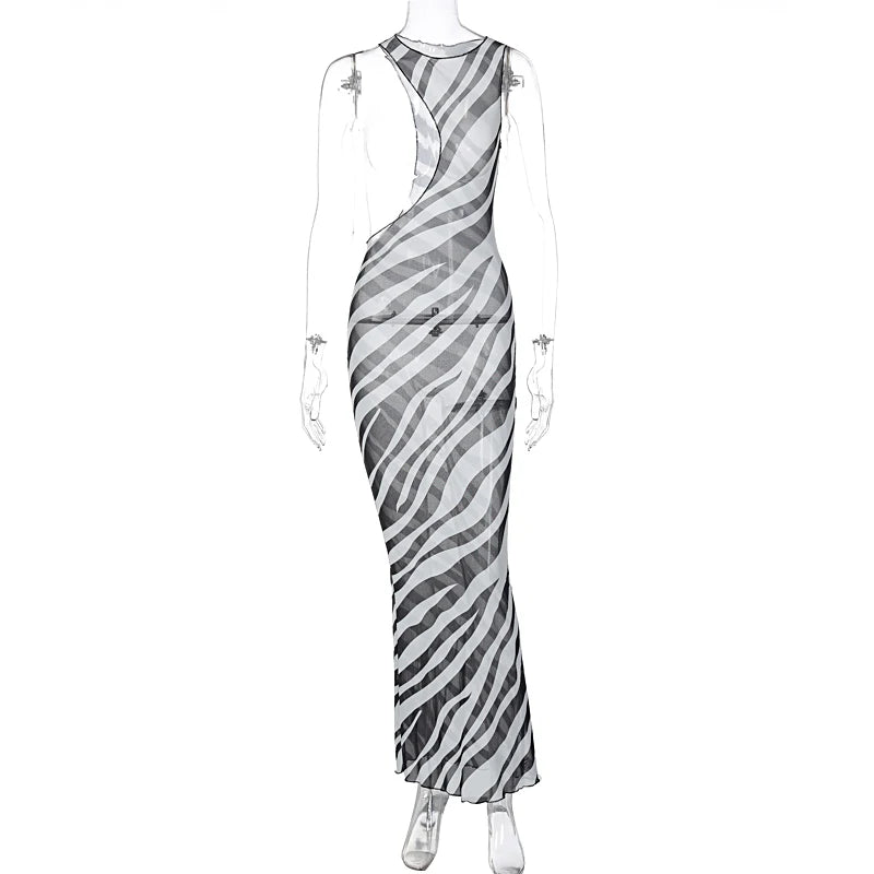 Zebra Long Beach Dress Cover-Up Transparent Mesh