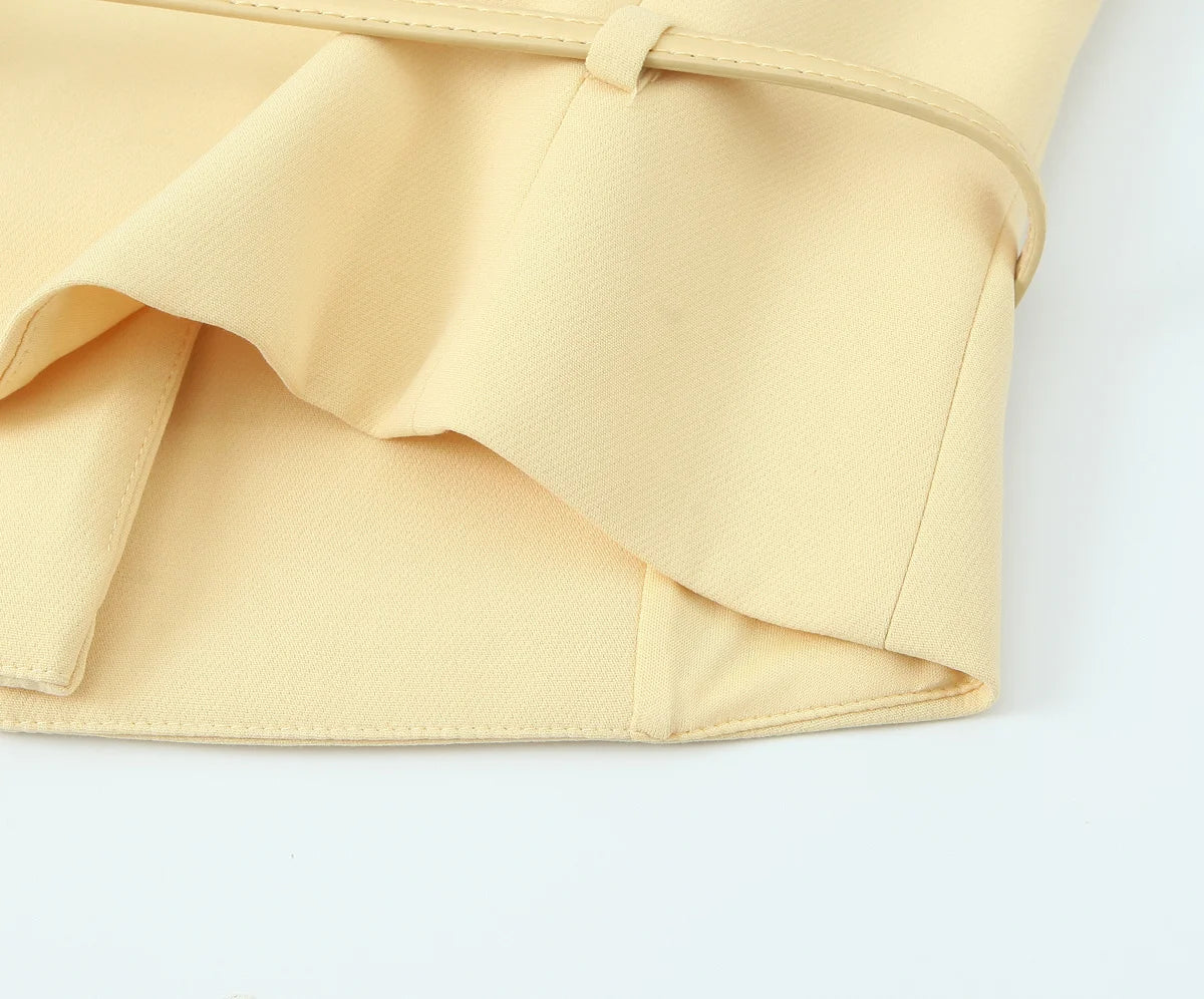 Yellow V-Neck Sleeveless Belt Tops+High Waist Pocket Belt Long Skirts