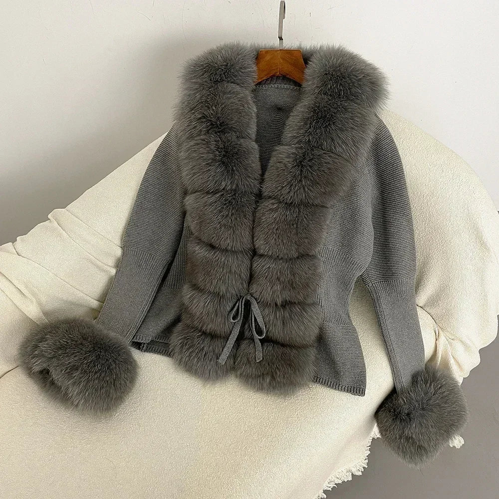 Real fox Fur Cardigan Detachable Collar