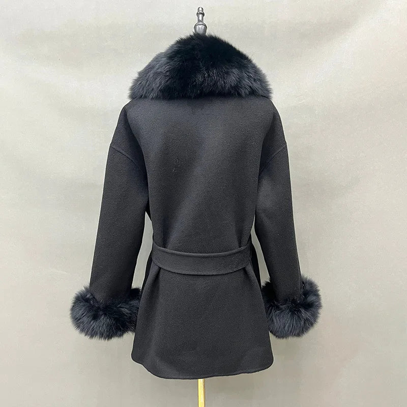 Lady Winter Trench Coats Real Fox Fur Collar