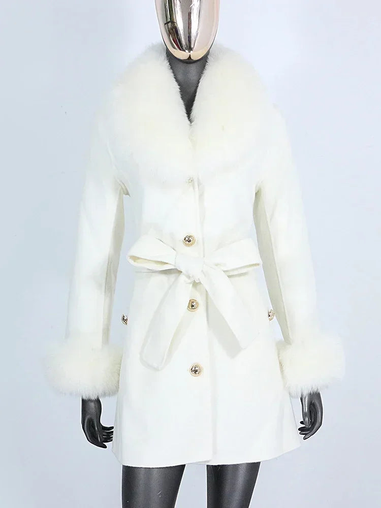 Long Winter Jacket Women Cuffs Belt Cashmere Real Fur Coat Natural Fox Fur Collar