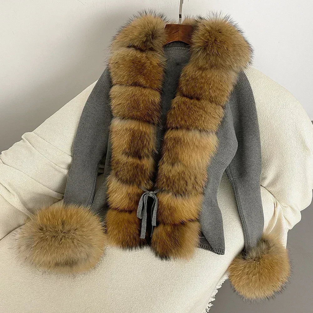 Real fox Fur Cardigan Detachable Collar