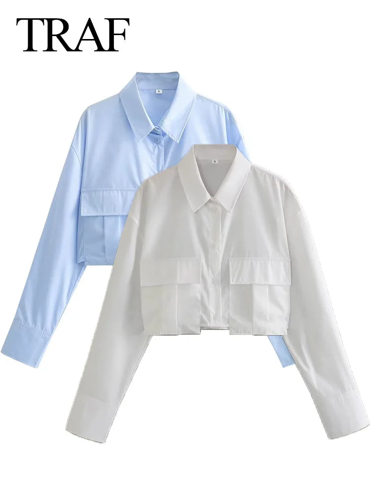 Women Solid White&blue Blouse Long Sleeve With Pocket