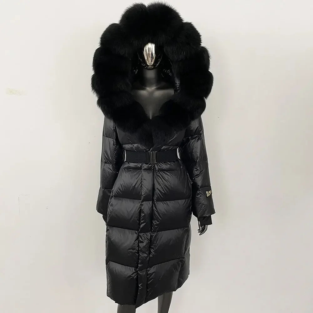 long coat with fox fur hood and belted waist