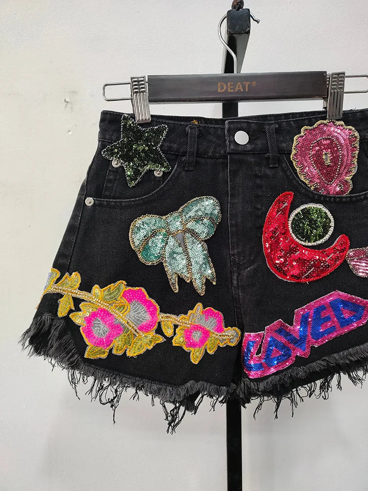 Embroidery Patch Raw Denim Shorts