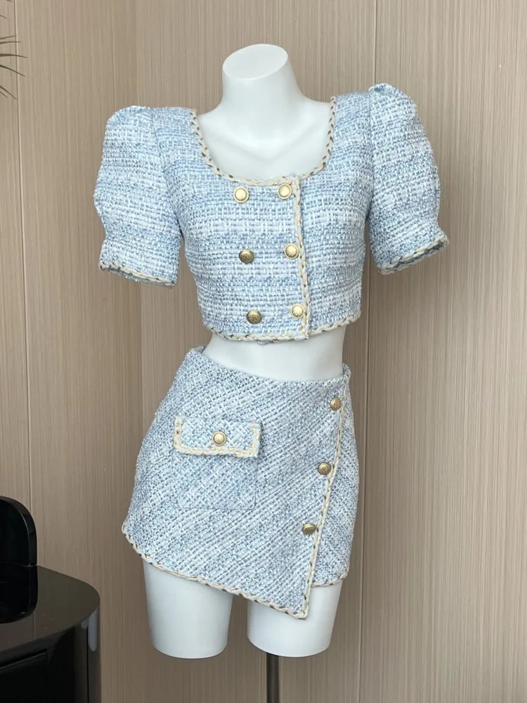 Blue Tweed Sets Women Outfits Puff Sleeve