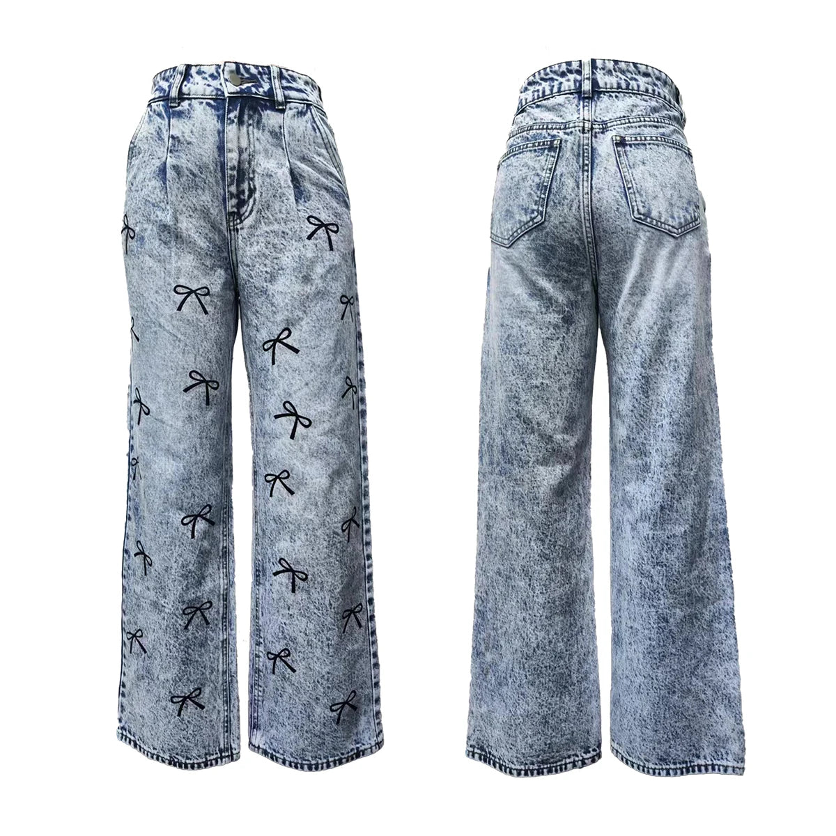 bow printed pocket Denim straight jeans