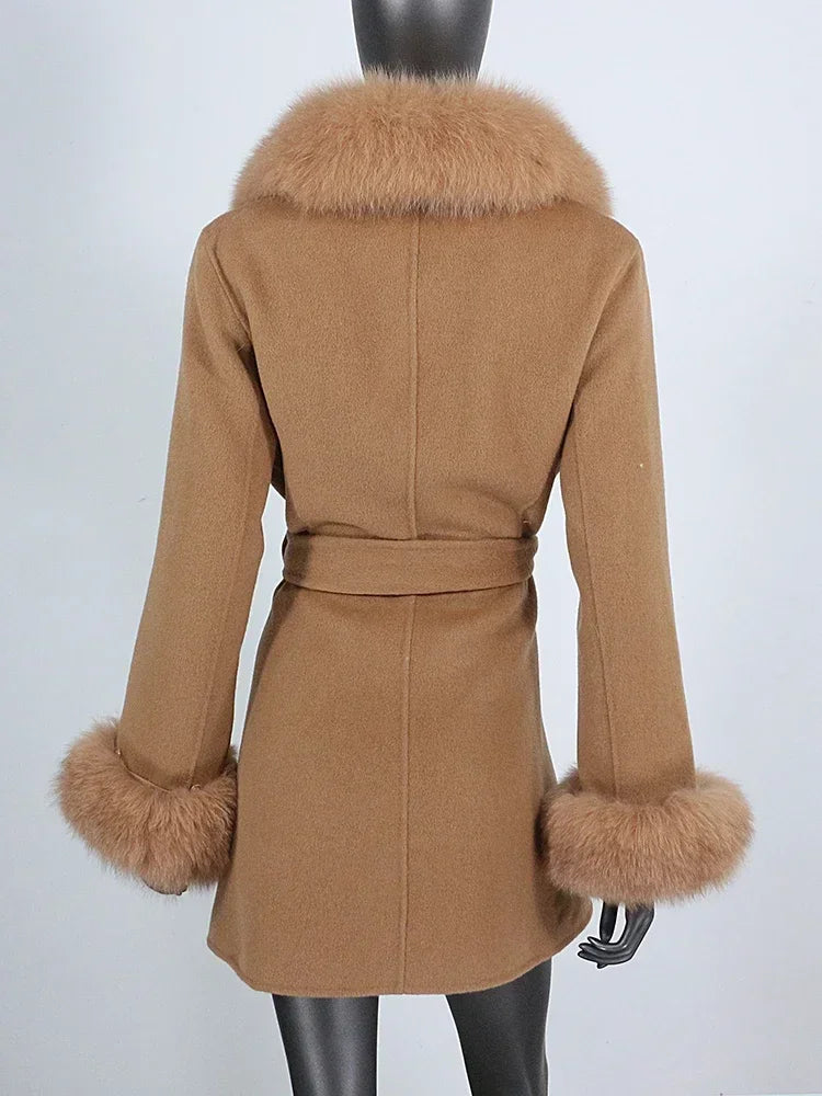 Long Winter Jacket Women Cuffs Belt Cashmere Real Fur Coat Natural Fox Fur Collar